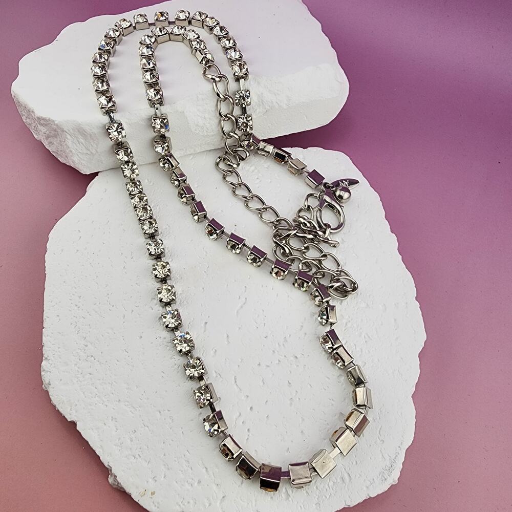 Clear Rhinestone Tennis Necklace 42" Silver Tone Long Layering Glam Statement